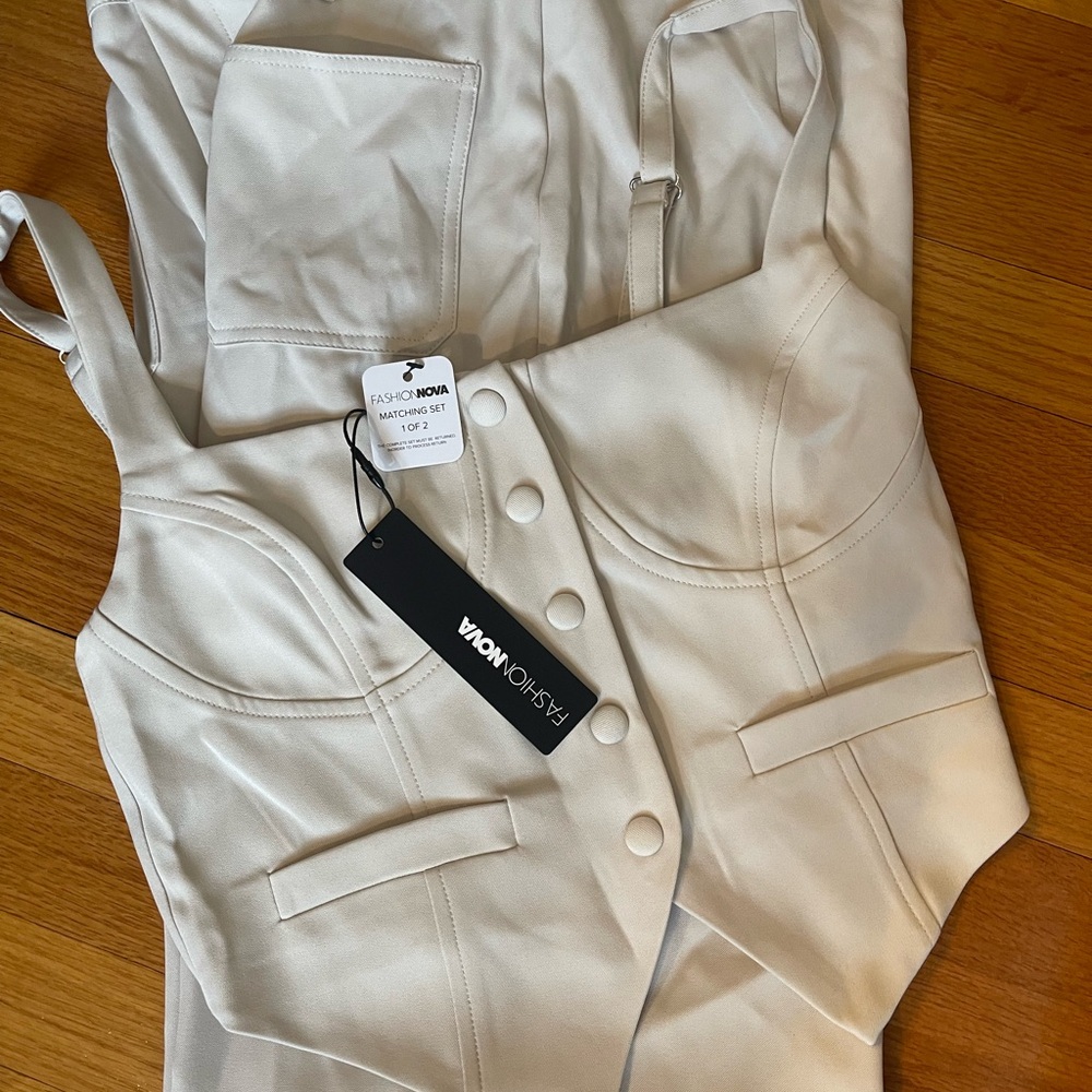 Fashion Nova Cream Button-Front Jumpsuit with Bustier Detail